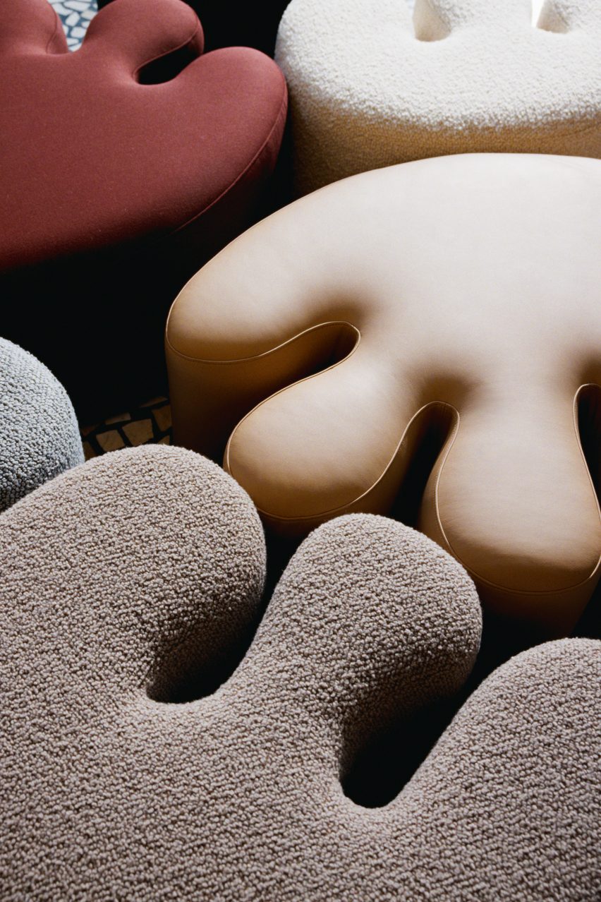 Close-up of different finishes on Palma pouf