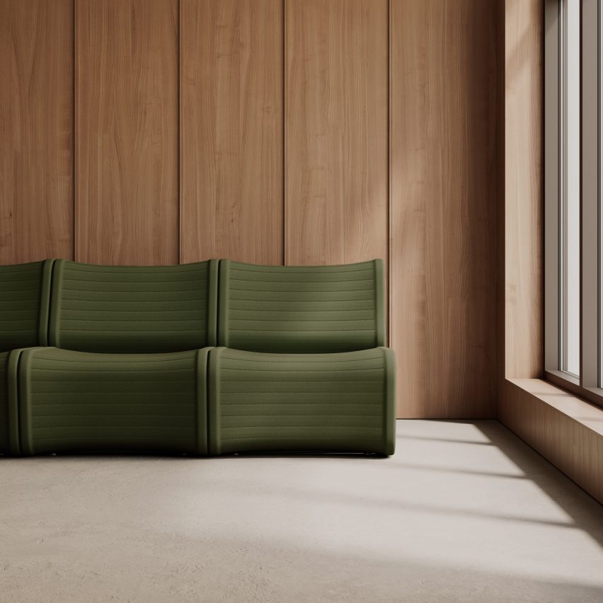 Front view of the Isomi Knit One sofa showing three units placed next to each other to create a continuous seating system 