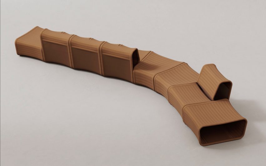 Image of a long configuration of the Isomi Knit One seating system forming a curved line of seating