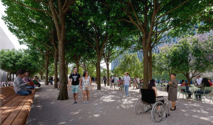 People walking under trees