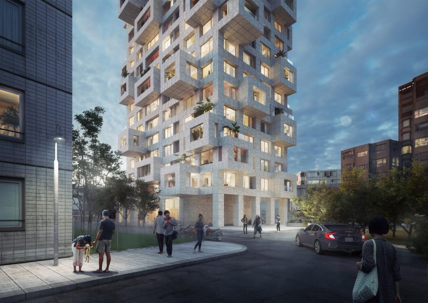 Exterior render of Out of the Box by MVRDV