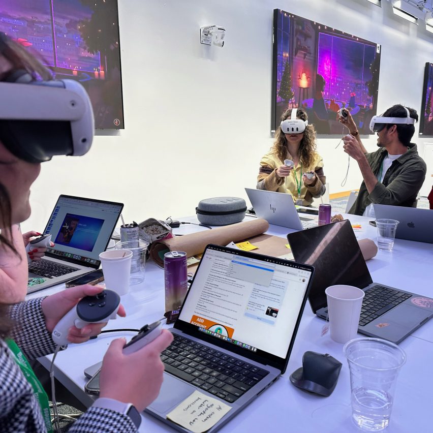 a photograph of students wearing VR headsets