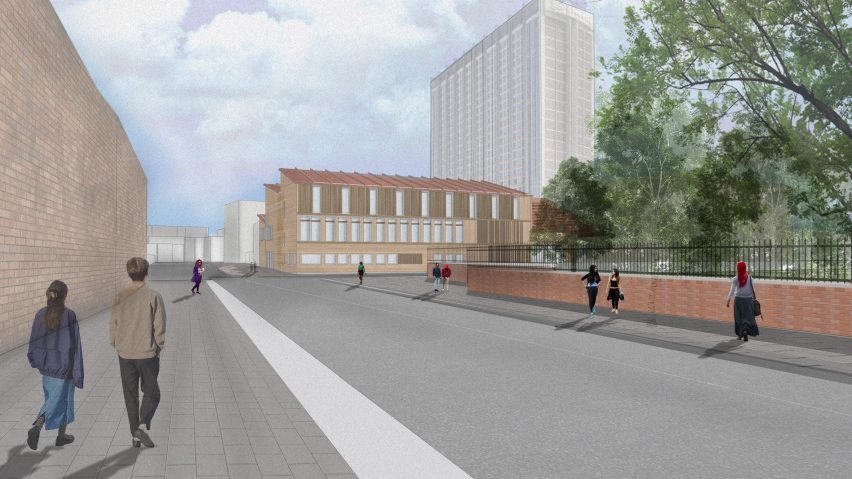 a visualisation of a street with a grey road leading to buildings