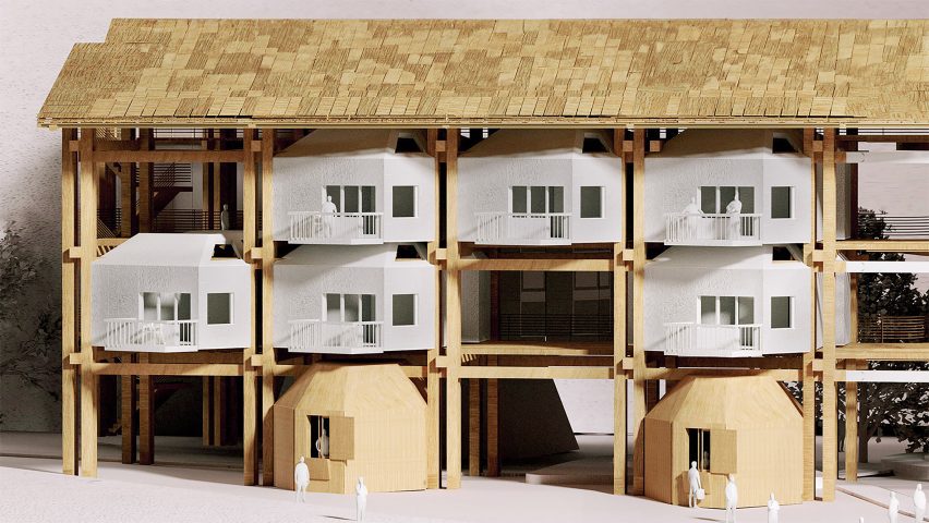 a photograph of an architectural model in tones of white and brown