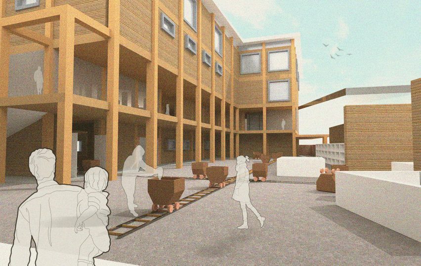 a visualisation of a building in tones of brown with white figures around it
