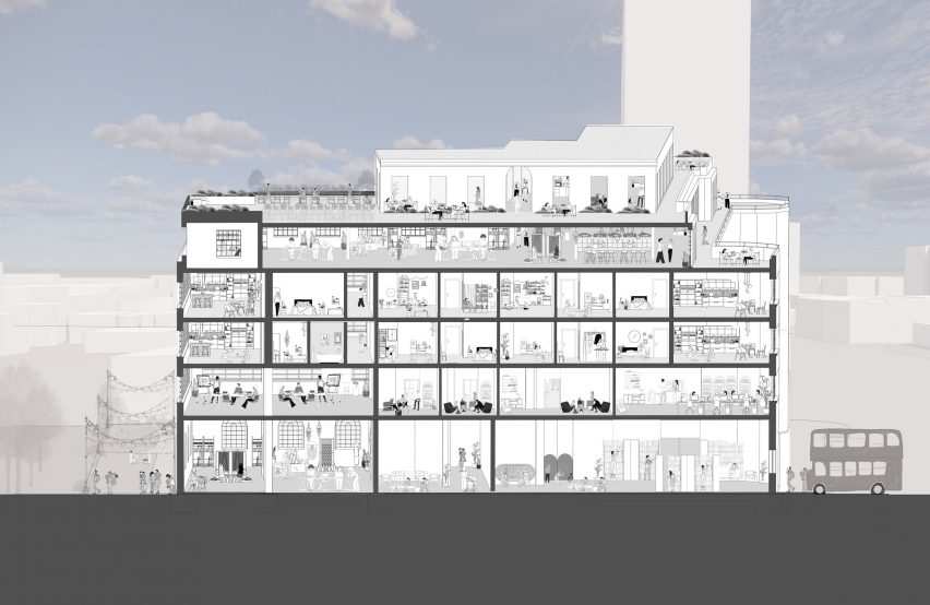a diagram of a building in tones of blue and white