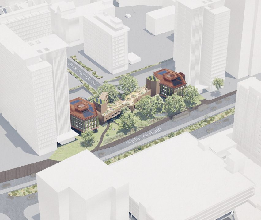 a visualisation of a building surrounded by green trees in amongst white buildings