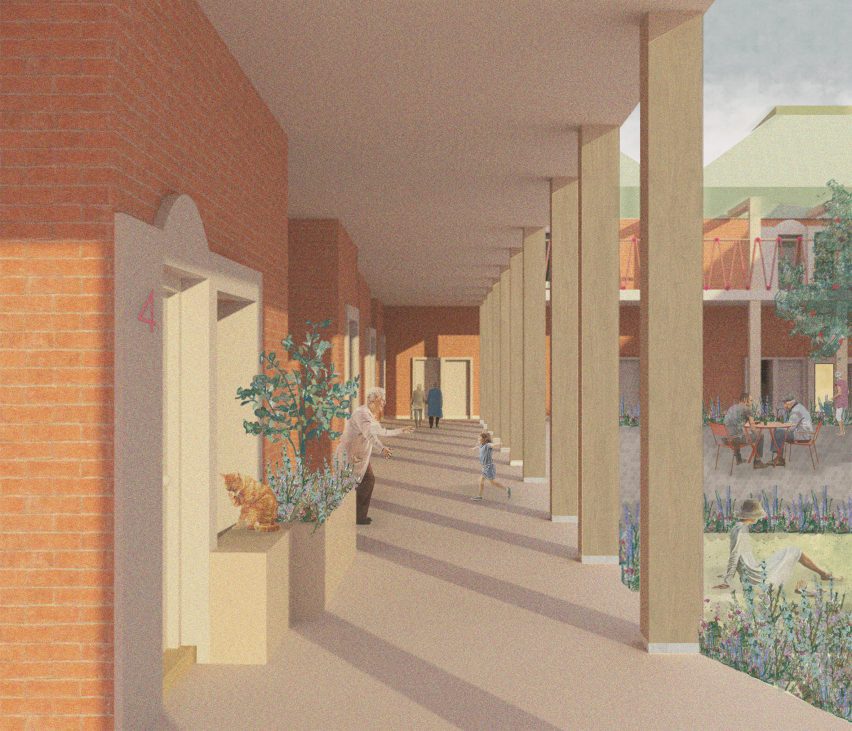 a visualisation of a brown brick building with people around it