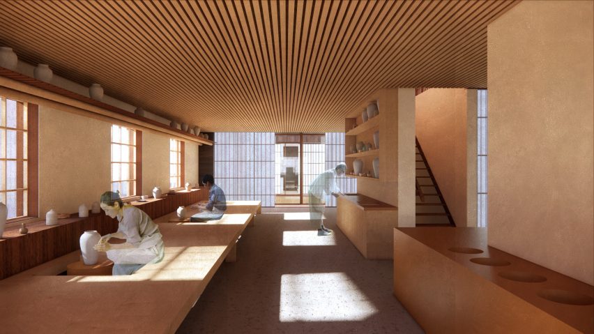 a visualisation of a ceramic studio in tones of brown