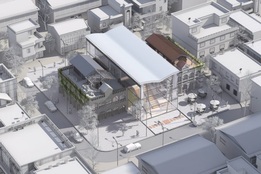 a visualisation from above of white buildings