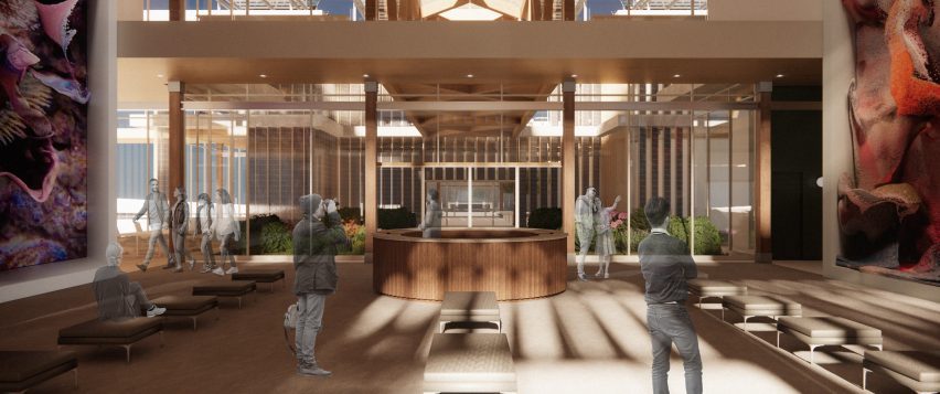 a visualisation of a reception in tones of brown with a circular desk in the centre 