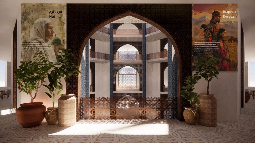 a visualisation of a community centre in tones of brown and white