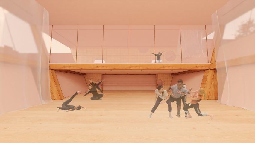 a visualisation of a room in tones of beige and pink