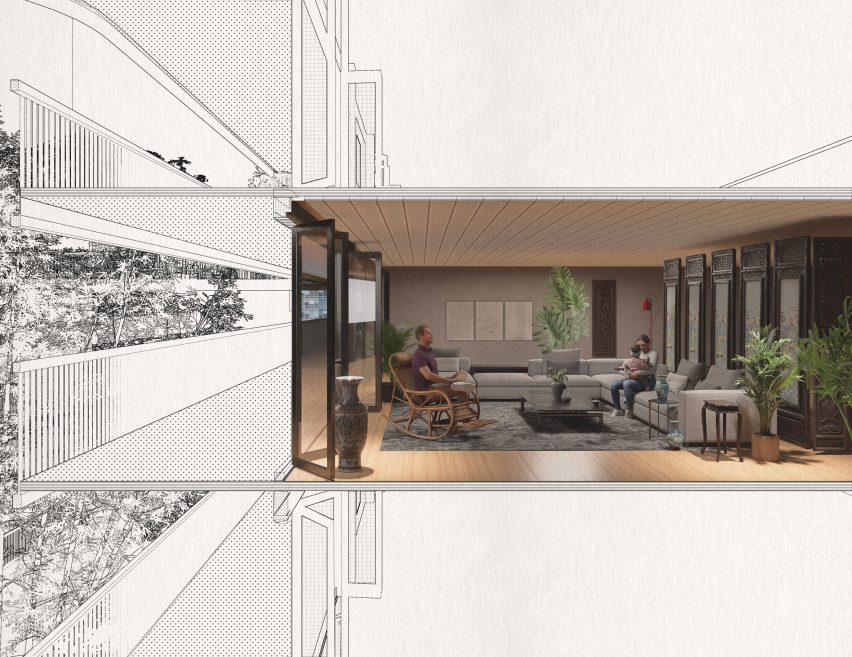 a visualisation of a building with a brown room