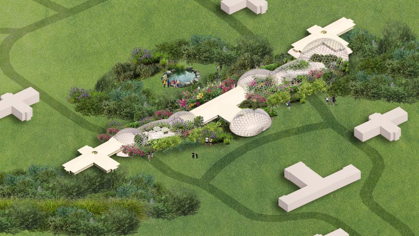 a visualisation of a white building amongst greenery