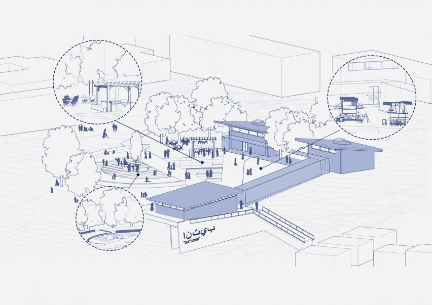 an architectural diagram in tones of blue and brown