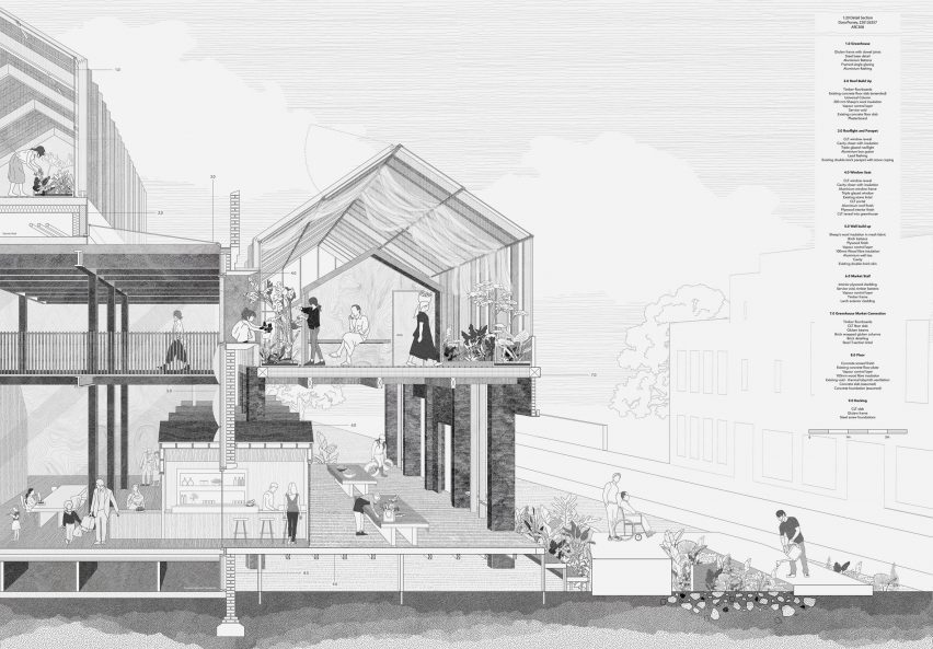 an architectural diagram of a building in tones of black and white