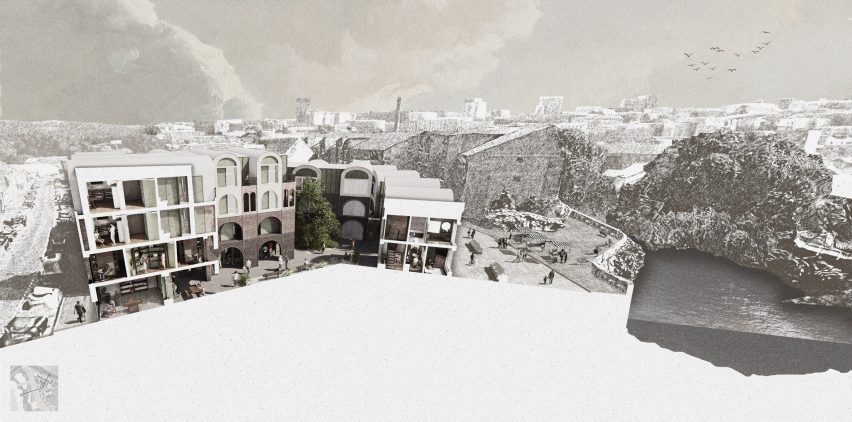 a visualisation of a landscape with brown buildings