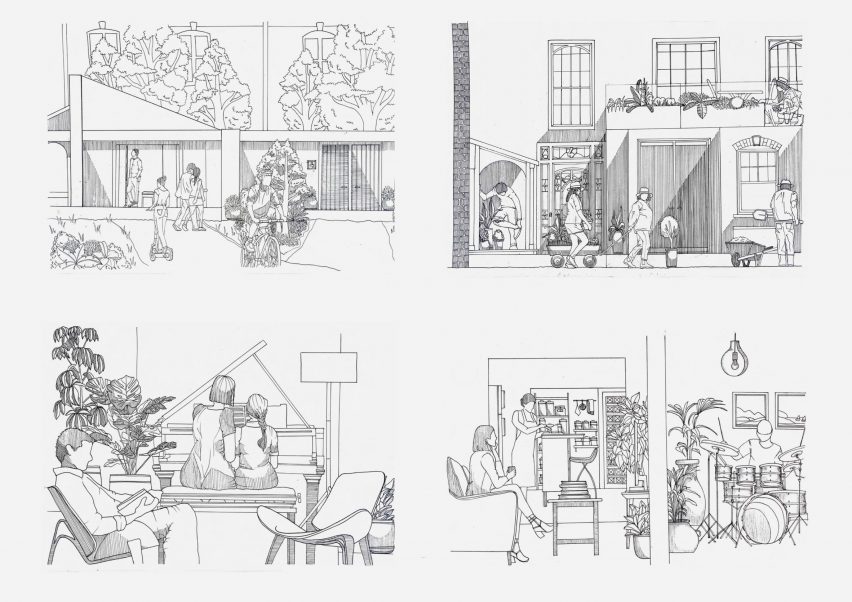 multiple illustrations in black against a white backdrop of buildings and interiors