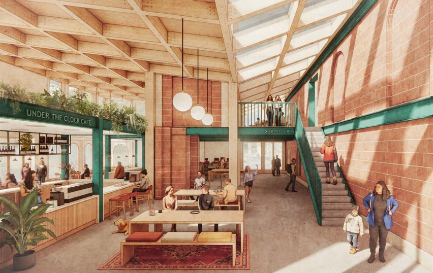a visualisation of an interior in tones of brown, red and green