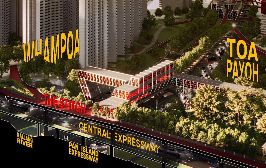 a visualisation of a city's infrastructure systems in tones of black, grey and red, with yellow text labelling sections