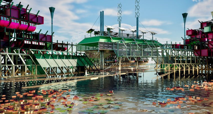 a visualisation of a climate lab in tones of green and pink