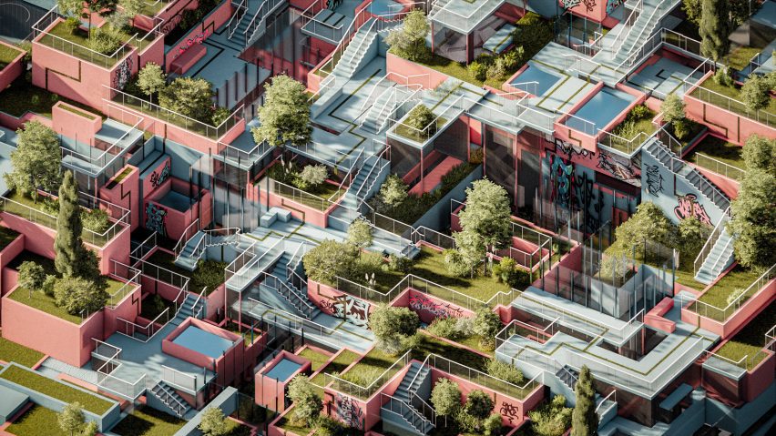 a visualisation of a building in tones of red and blue