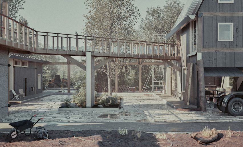 a visualisation of a bridge between two wooden buildings