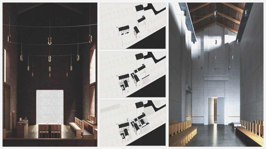 a visualisation showing a large hall alongside architectural diagrams 