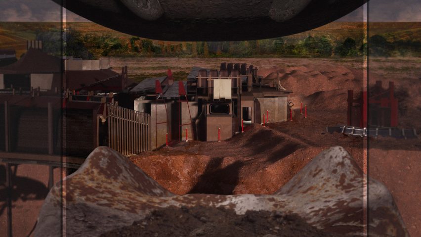 a visualisation of a building in a brown-toned landscape