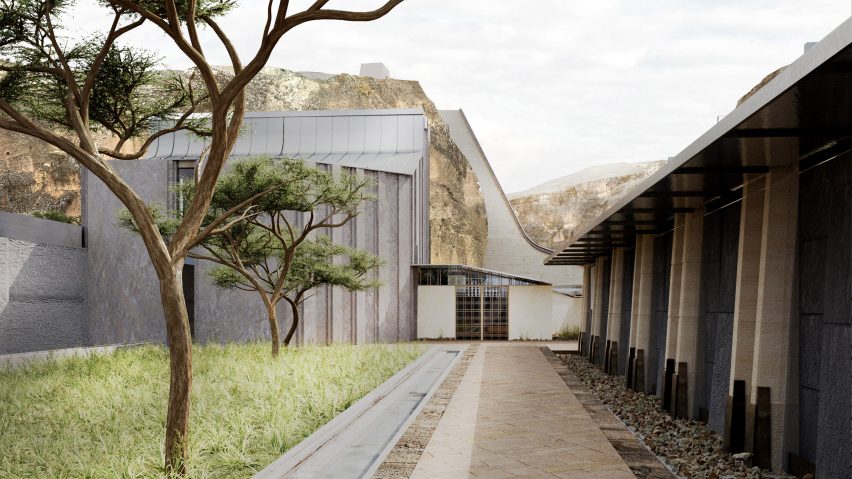 a visualisation of a building in tones of grey and beige with a green space and tree beside it
