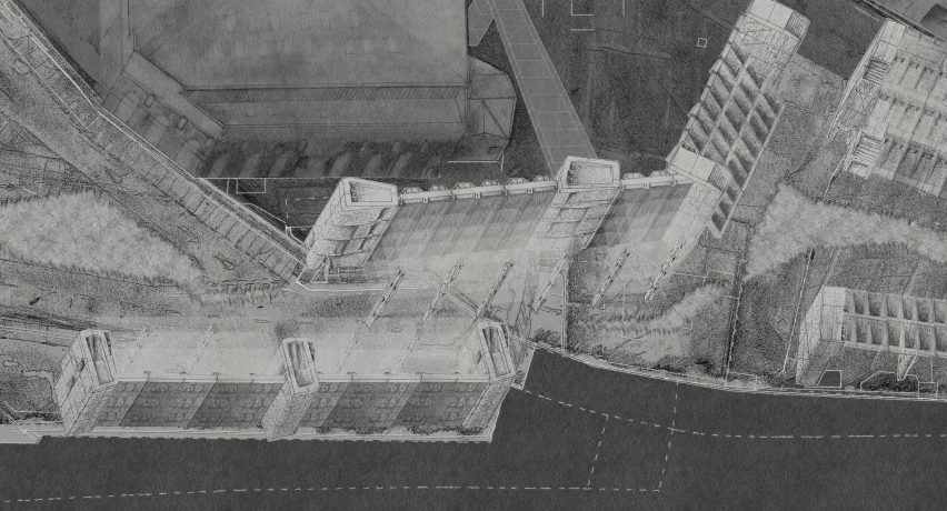 a diagram in tones of black and white of a building