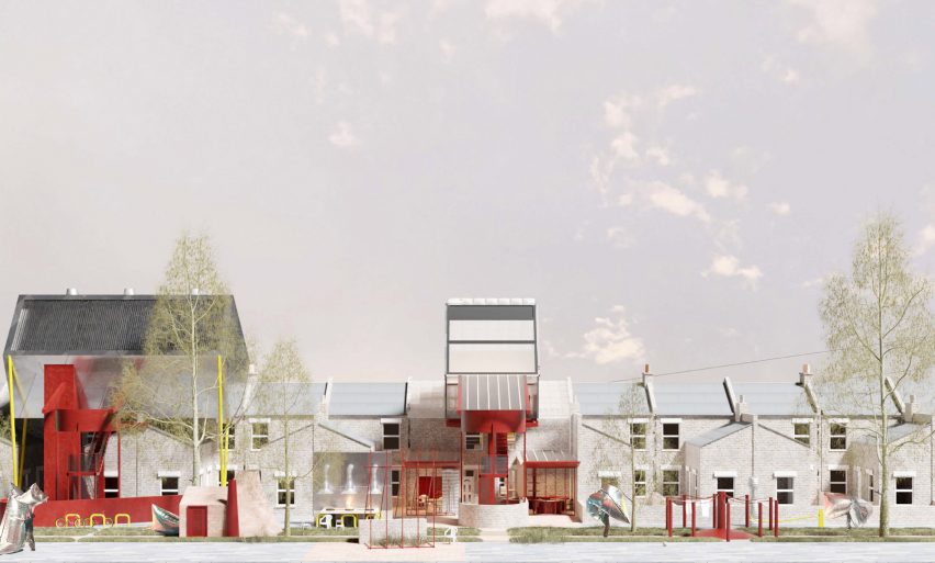 a visualisation of a series of buildings in tones of beige, red, and grey