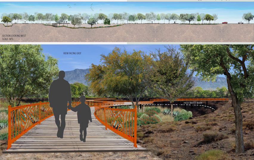 an image of a landscape with black figures walking over a footbridge