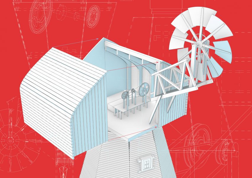 an illustration of an electricity-generating centre in tones of blue and white, against a red backdrop