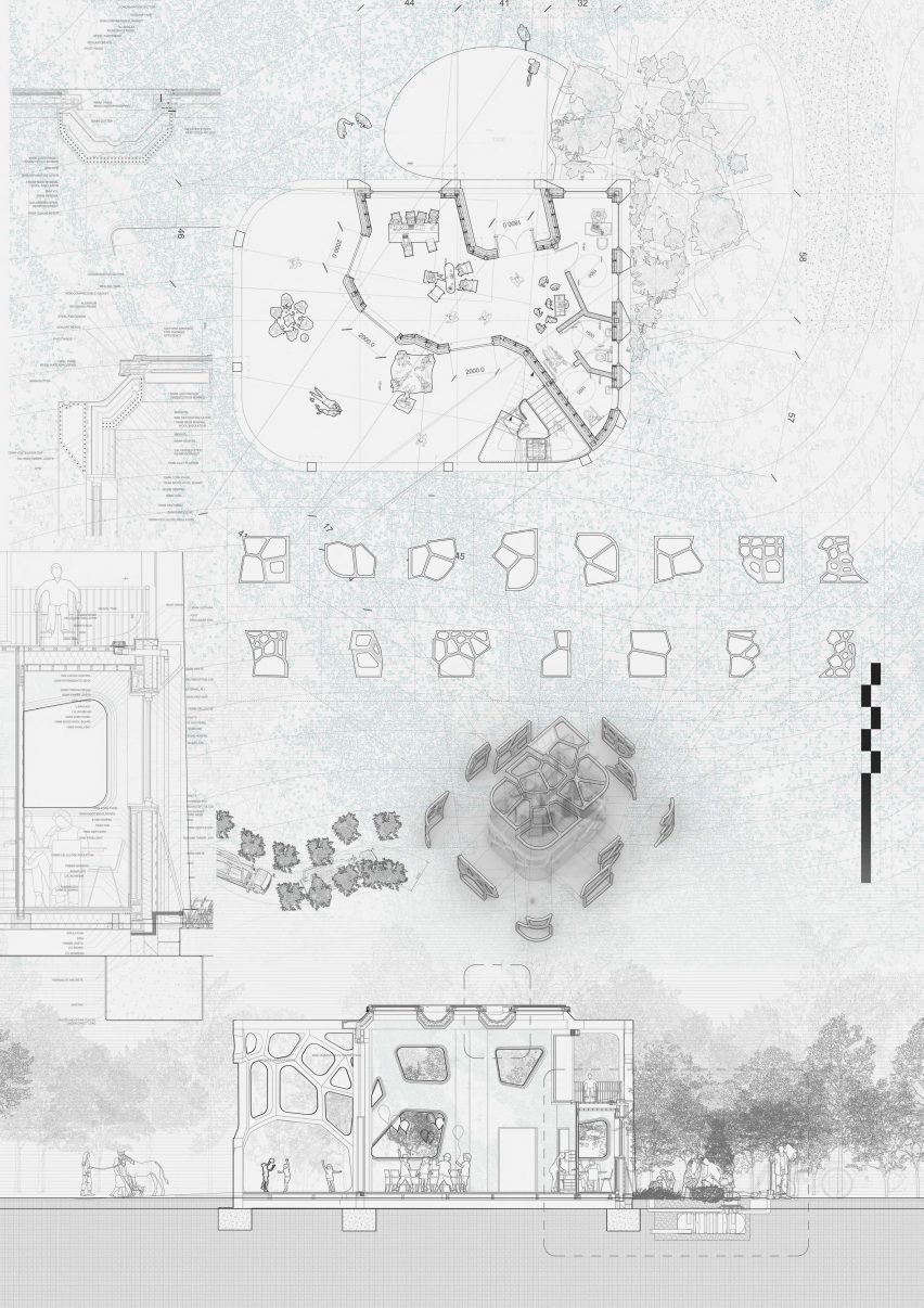 a diagram of a children's centre from above, in tones of white and black