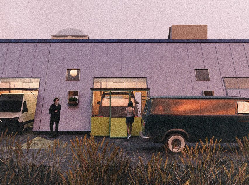 a visualisation of a building in tones of purple with vans outside it