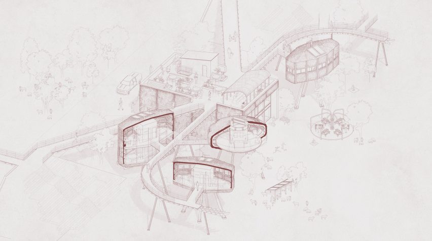 an architectural diagram in tones of white and red