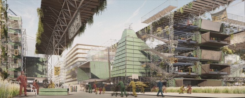a visualisation showing buildings in tones of green and brown
