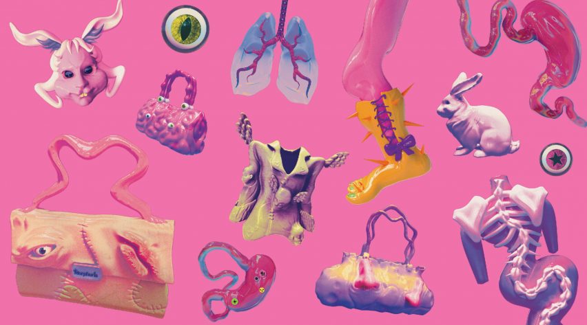 an image of different objects including handbags, animal heads and body parts, in tones of pink and orange