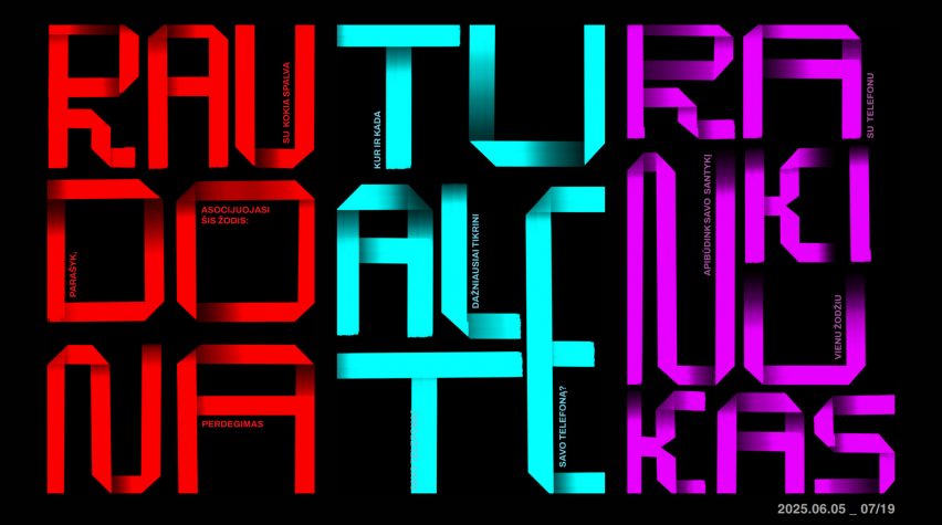 an image displaying a typeface design in tones of red, blue and pink against a black backdrop
