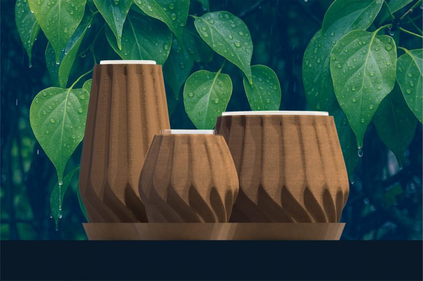 a digital image of three designs for a cooling container in tones of brown against a green leaf backdrop