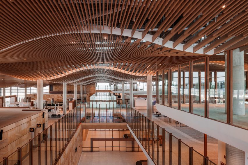Interior of an airport in Sydney with an undulating ceiling