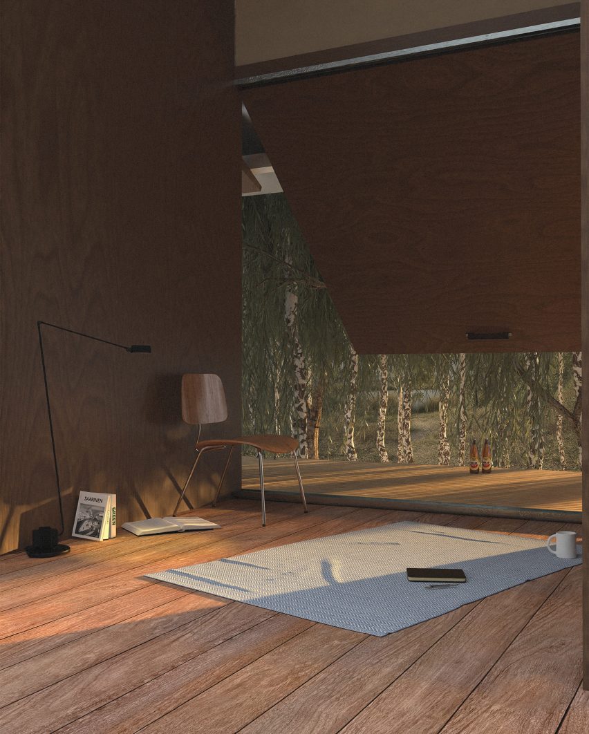 Render of a wooden room with a chair, rug, lamp and books, surrounded by trees