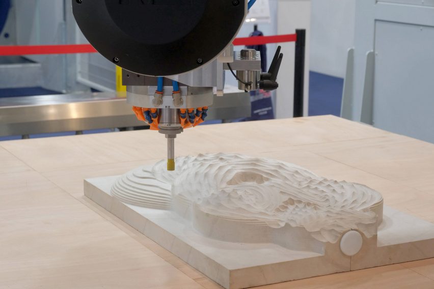 A machine cutting stone