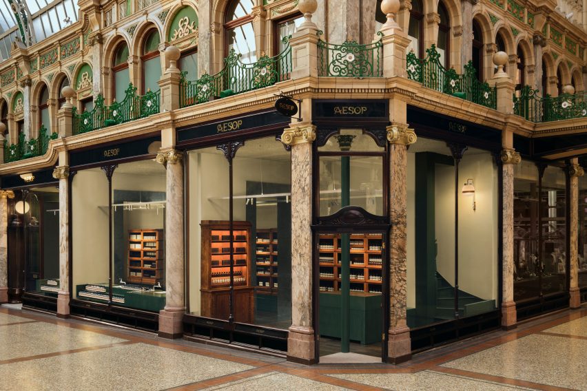 Corner view of Aesop store in historic arcade