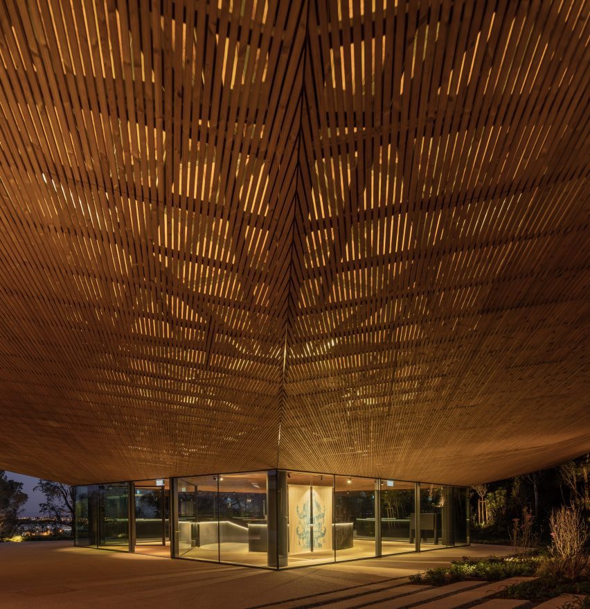 Underside view of wooden roof