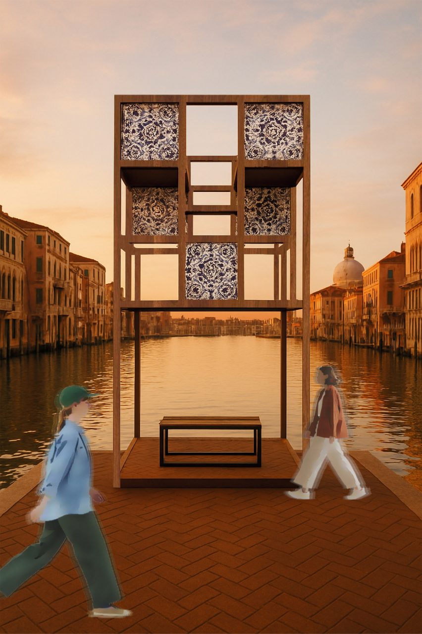 a visualisation of a rectangular sculpture by a body of water