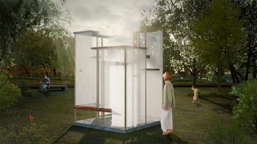 a visualisation of a rectangular sculpture in a green field