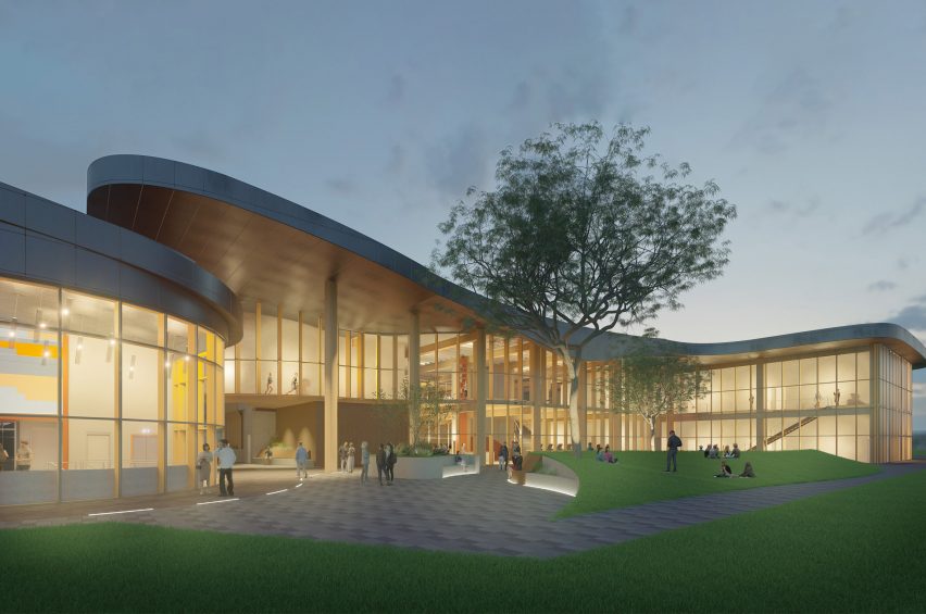 a visualisation of a building illuminated by yellow light